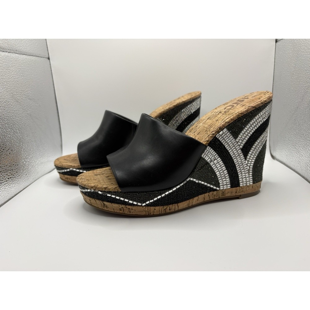 INC Cadie Bling Wedge Sandals In Black Silver Size 9.5M Very Gently Used 5" Heel